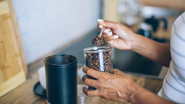 A person putting coffee beans into a coffee grinder