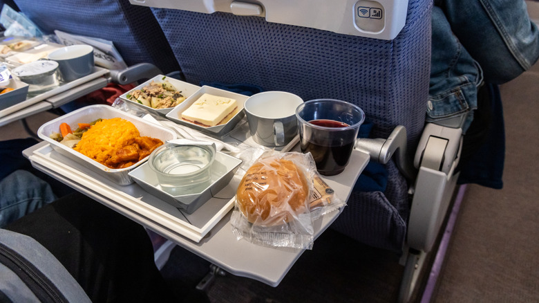 An airplane meal on a seat-back tray
