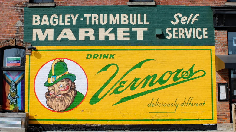 Old-style Vernors painted ad on brick wall in Detroit