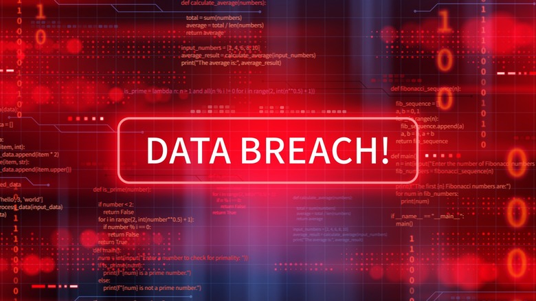 Data breach ransomware screen, malware cyber attack alert