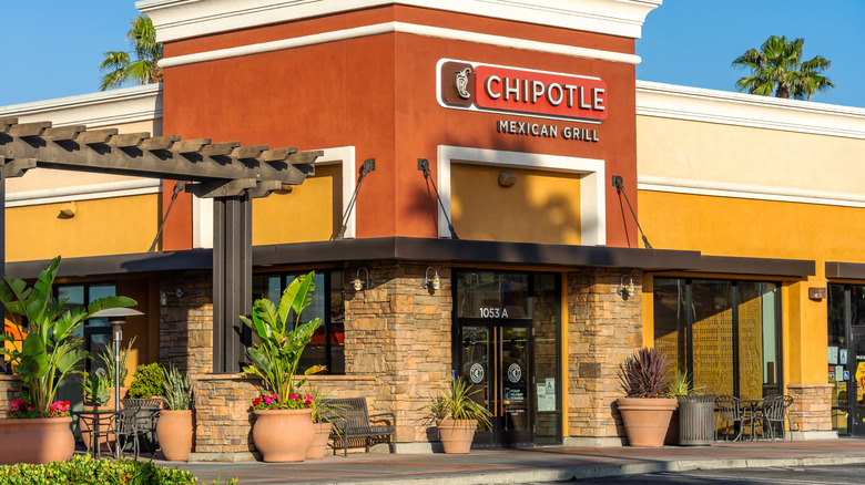 Chipotle storefront decorated with pots of tropical plants,