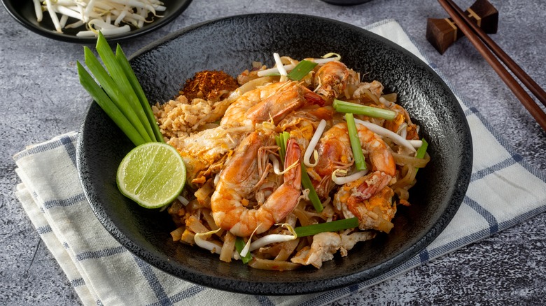 Pad thai, a stir fried dish, with shrimp.