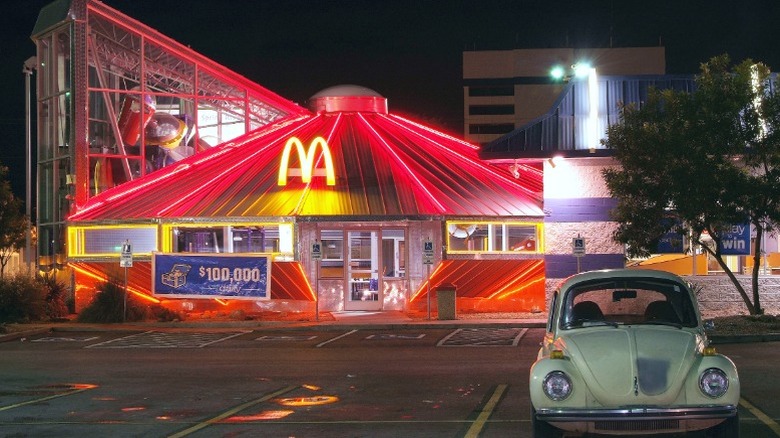 The Roswell McDonald's, aglow in red LED lights.