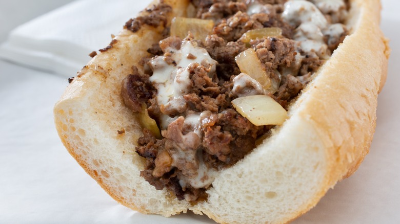 Philly cheesesteak sandwich closeup