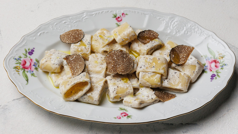 Creamy pasta with shaved truffles on top