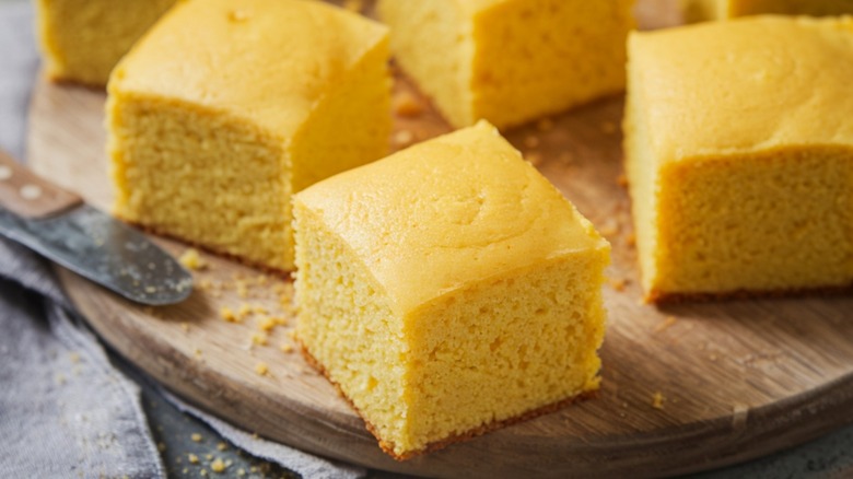 Pieces of cornbread on wood board