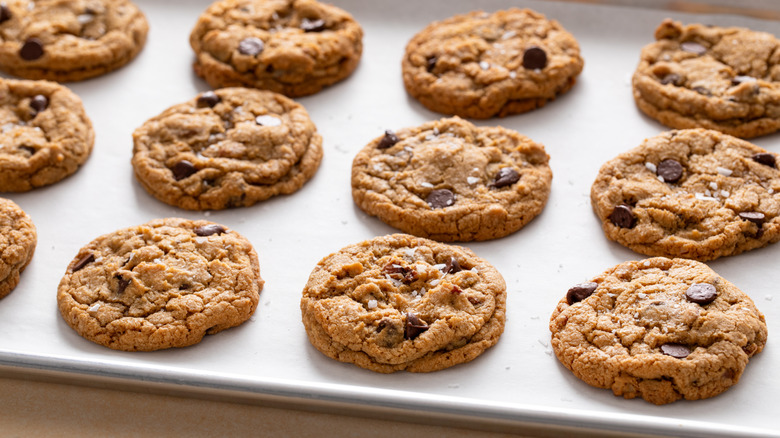 A baking sheet with homemade chocolate chip cookies