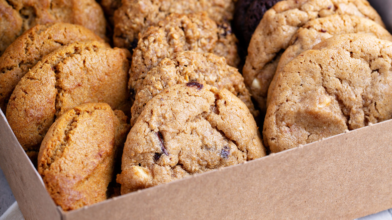Close-up of a cardboard box of assorted cookies