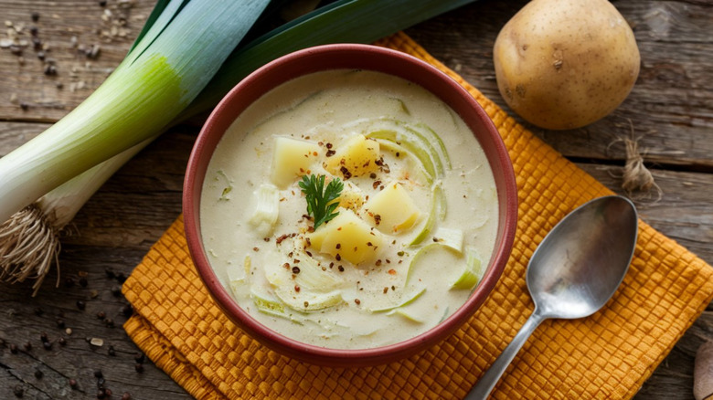 Leek and potato soup in a bowl surrounded by leeks and a potato