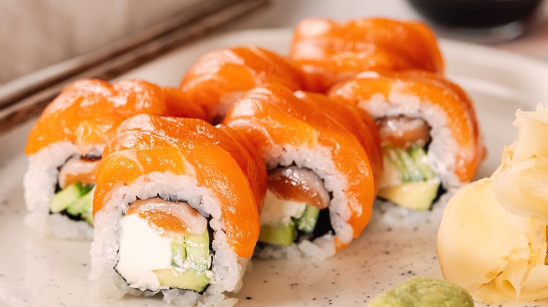A plate of Philadelphia sushi rolls.