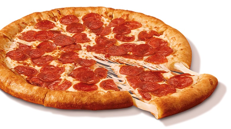 Little Caesars stuffed crust pepperoni pizza on white background