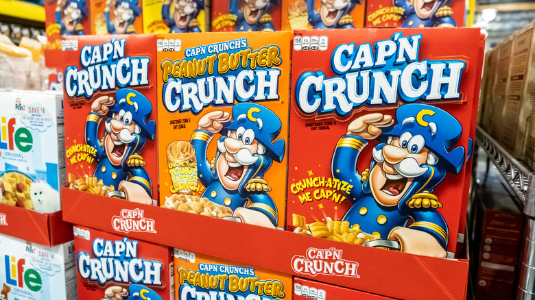 Boxes of Cap'n Crunch cereals on display