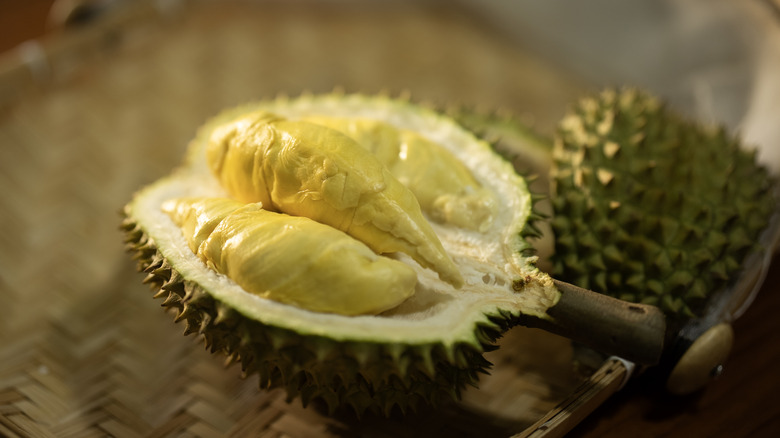 fresh durian cut in half