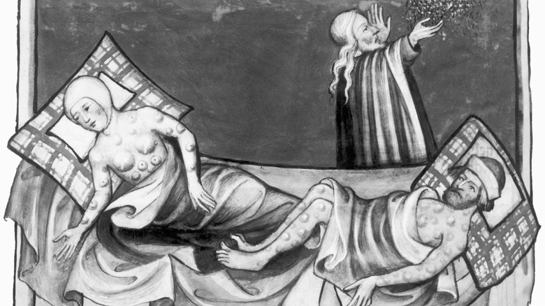 A black and white painting of people suffering from the bubonic plague and someone trying to get herbs to help them
