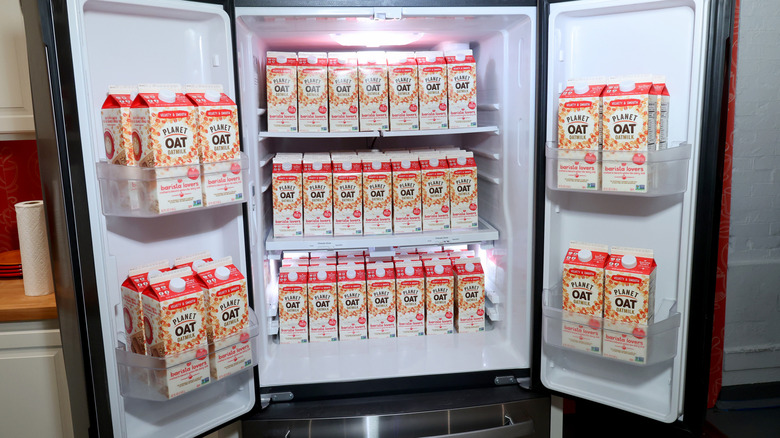 A fridge full of Planet Oat barista lovers edition, which is also used at Dunkin.