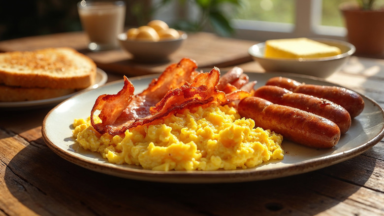 Plate with scrambled eggs, bacon, and sausage near plates with eggs, butter, and toast on a wooden surface