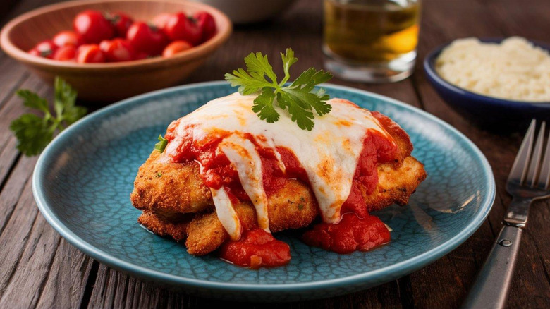 Two crispy cutlets of chicken parmesan on top of each other with cheese and sauce