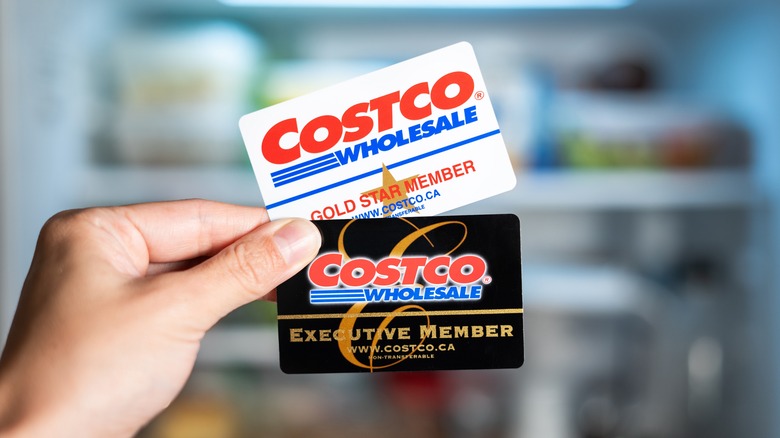 Hand holds two Costco membership cards against blurred backdrop