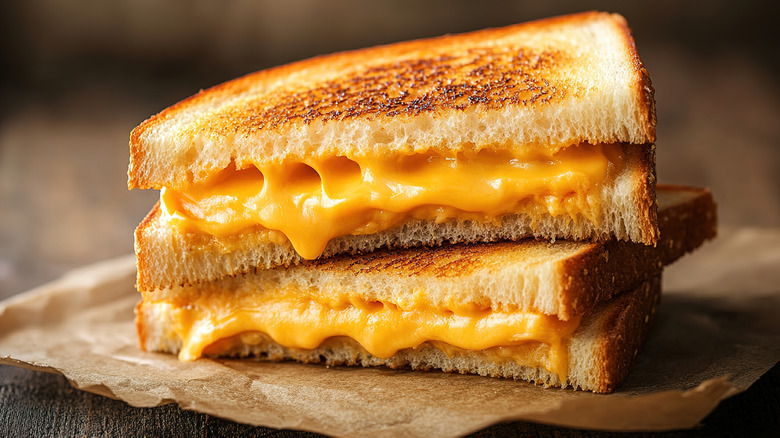 A grilled cheese sandwich cut in half on parchment paper.