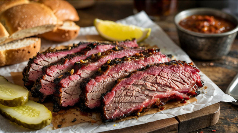 smoked brisket with bread and pickles