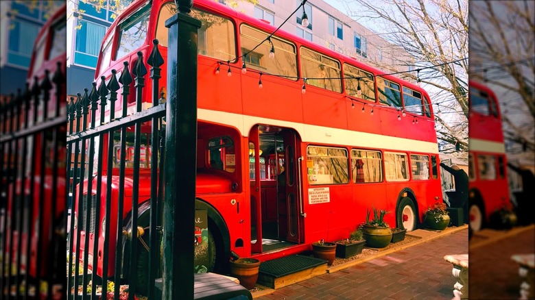 Double D's Coffee and Desserts exterior of red dining car Double Decker bus
