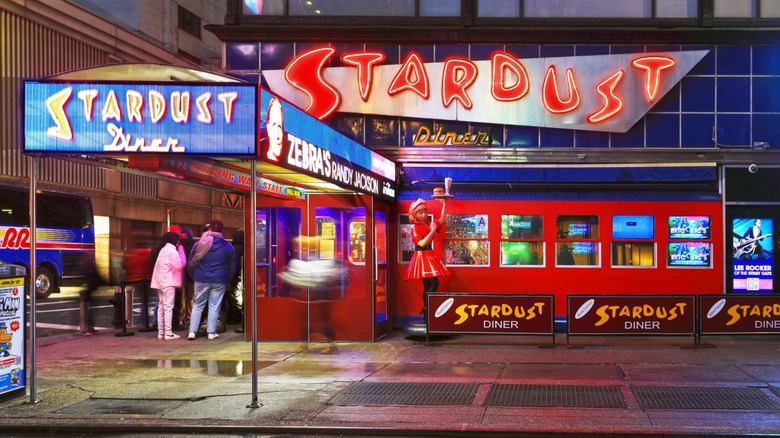 Ellen's Stardust Diner in Midtown Manhattan at dusk