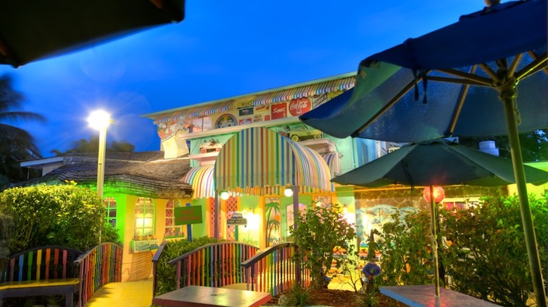 The Bubble Room Restaurant exterior lit up at night