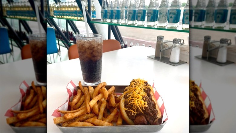 A hot dog, fries, and soda from Pops restaurant in Oklahoma