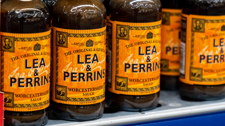 Worcestershire sauce bottles on shelf