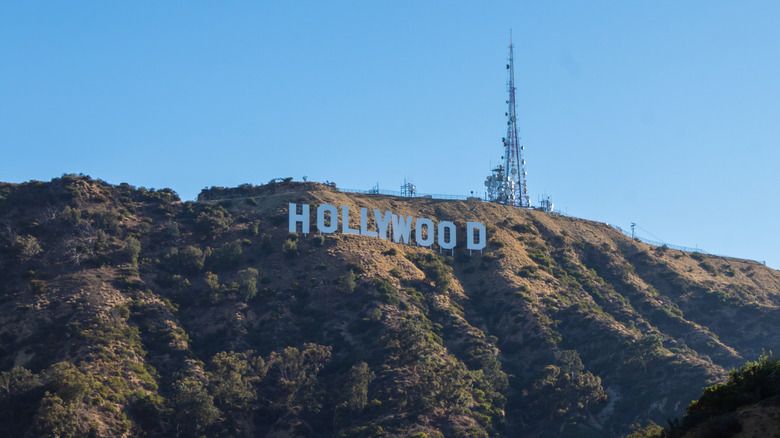 Hollywood sign and tower on Mount Lee