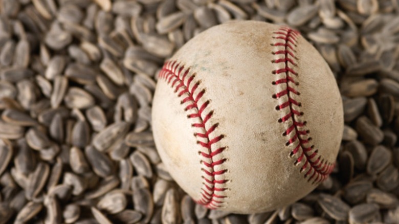 A baseball on a background of sunflower seeds.