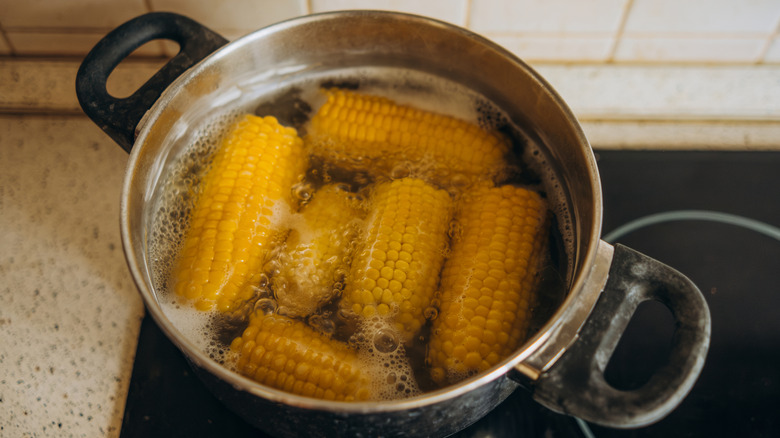 Boiling corn in a pot