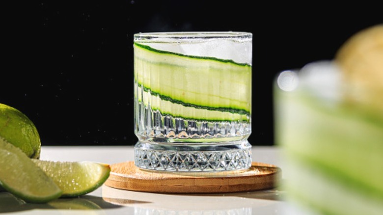 A gin and tonic with a slice of cucumber.