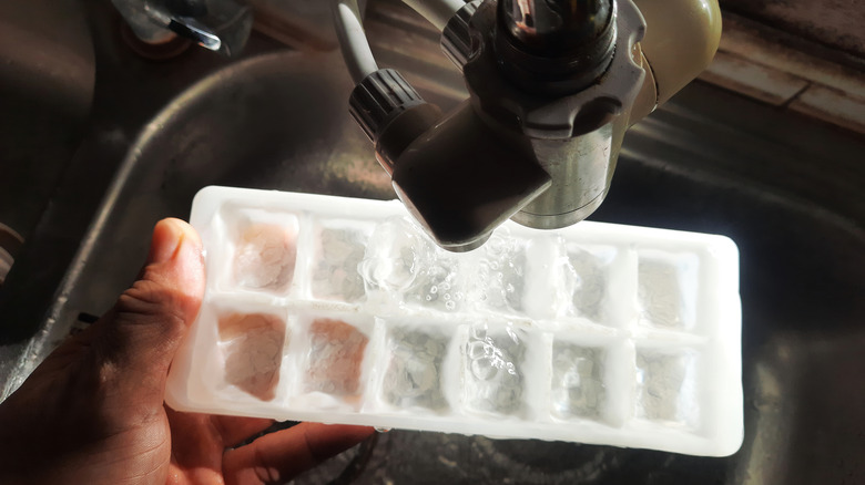 Hand holdin an ice cube tray as it is filled with filtered water from a faucet
