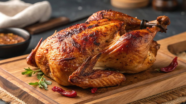 A perfectly roasted and seasoned chicken on a platter