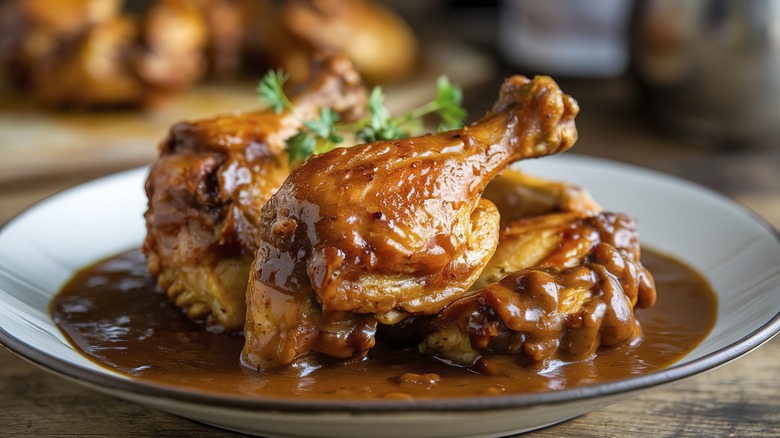 Roasted chicken in gravy on a white plate