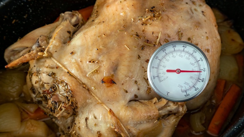 Roasted chicken with a thermometer inserted into the meat