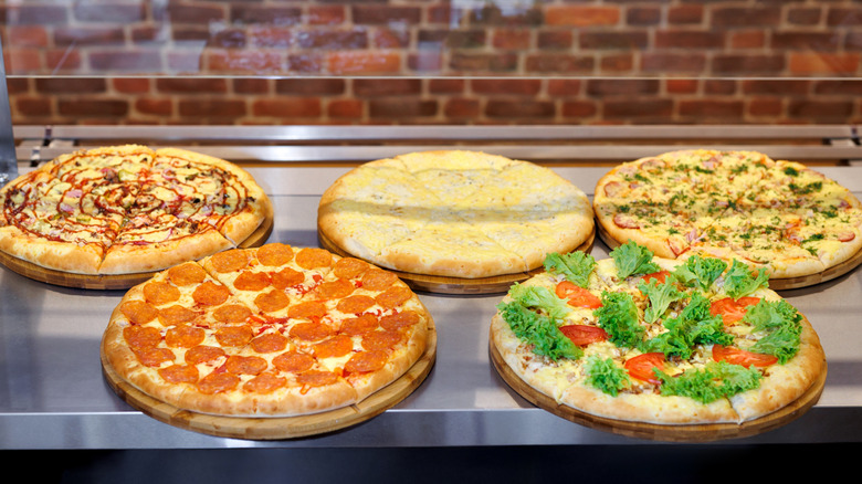 Pizza on display in shop