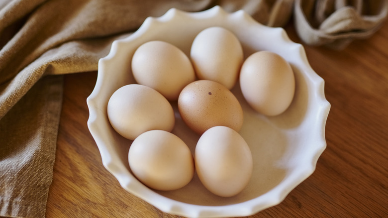 Eggs in a dish on a counter