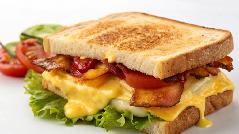 A grilled cheese sandwich with bacon, lettuce, and tomato