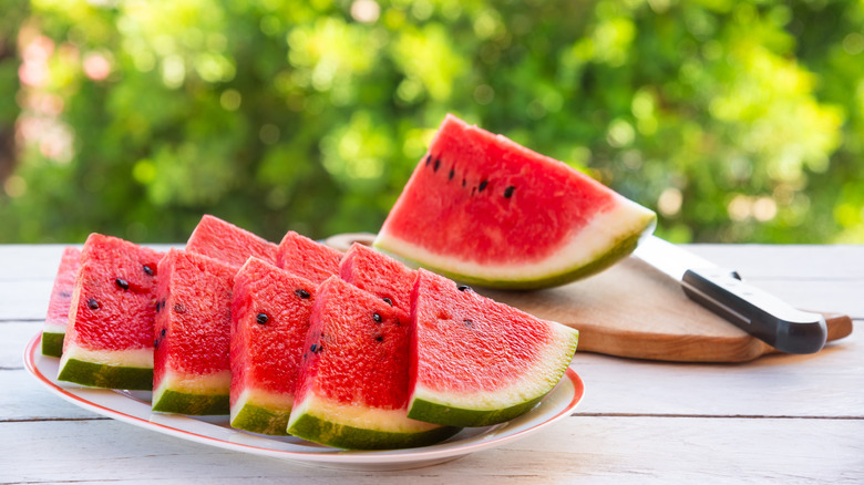 Sliced watermelon on a plate in an outdoor setting