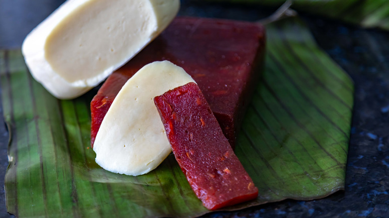 Guava paste and soft cheese on a banana leaf