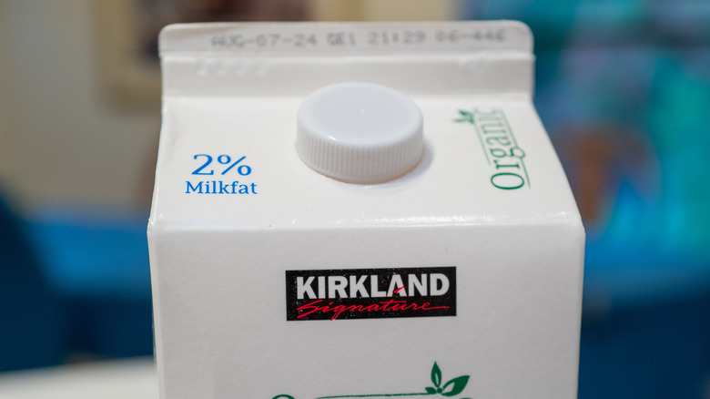 Close-up of a carton of Kirkland milk.