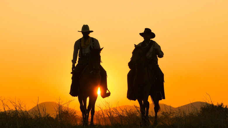 Silhouettes of two cowboys on horses with sunset behind them