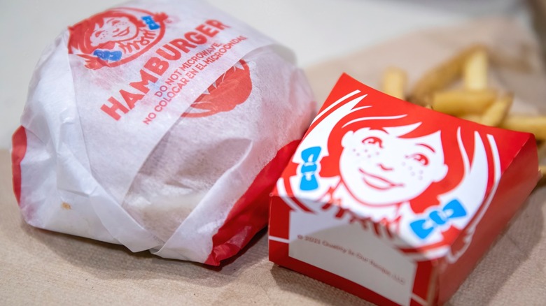 A hamburger and fries from Wendy's.