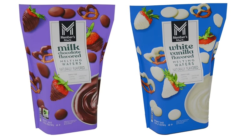 Member's Mark milk and white chocolate melting wafers in package
