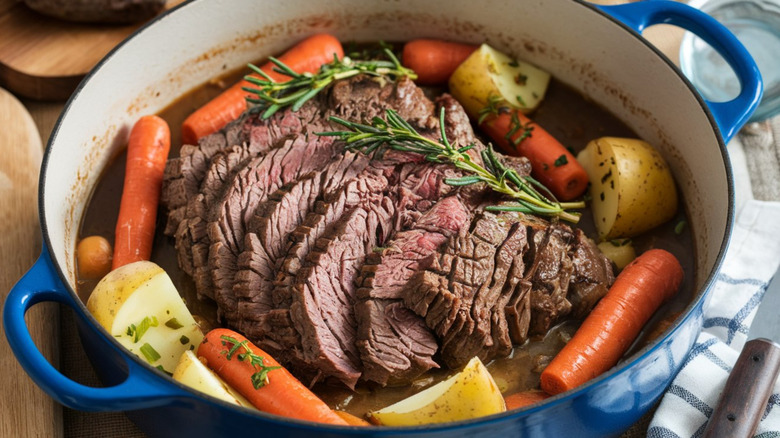 Pot roast and vegetables in blue dutch oven