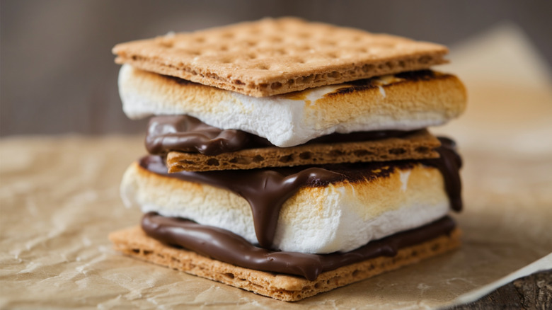 A stack of s'mores with toasted marshmallows and melted chocolate.