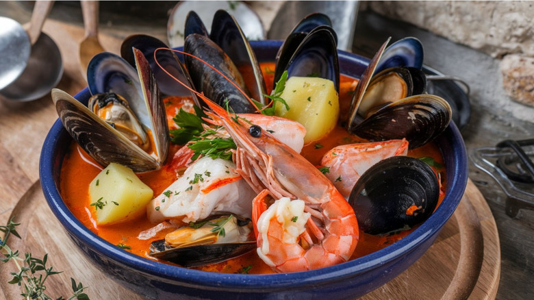 Bowl of French bouillabaisse soup with shrimp, fish, and mussels