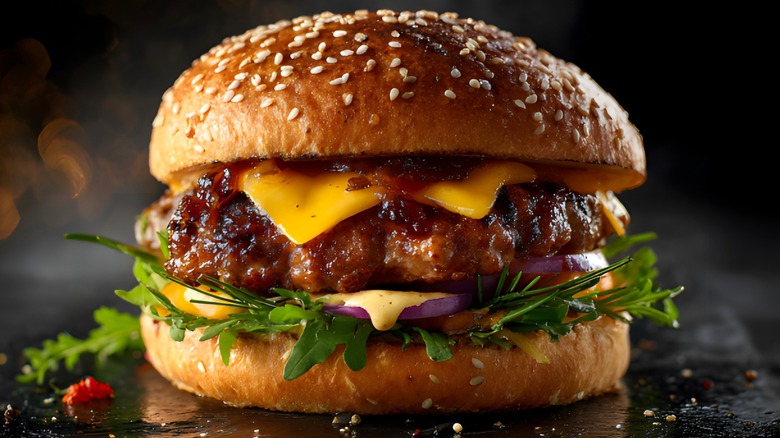 A cheeseburger with a sesame seed bun